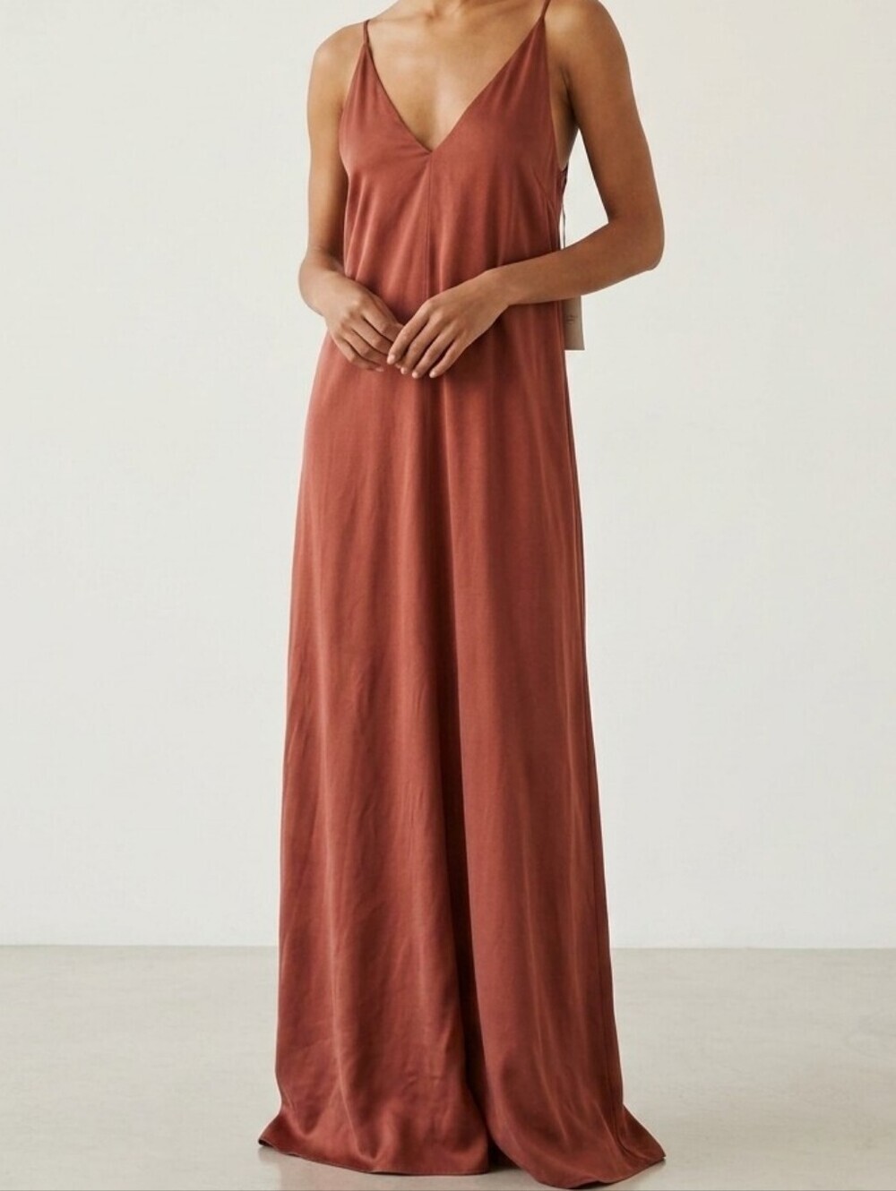 NWT Forte Forte Autunno V Neck Slip Maxi Cupro Silk Dress Size L Brown/Bronze